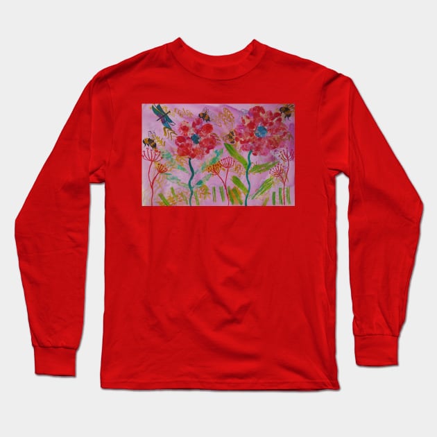 Bumble bees and Big Bold Pink Flowers Long Sleeve T-Shirt by Casimirasquirkyart